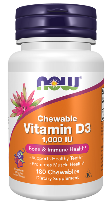 NOW Foods Vitamin D-3 1,000 IU Chewable, 180 lozenges, front of bottle