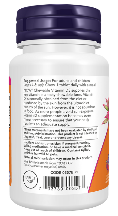 NOW Foods Vitamin D-3 1,000 IU Chewable, 180 lozenges, left side ingredient label