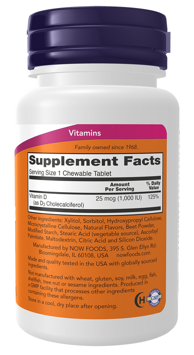 NOW Foods Vitamin D-3 1,000 IU Chewable, 180 lozenges, right side supplement facts label