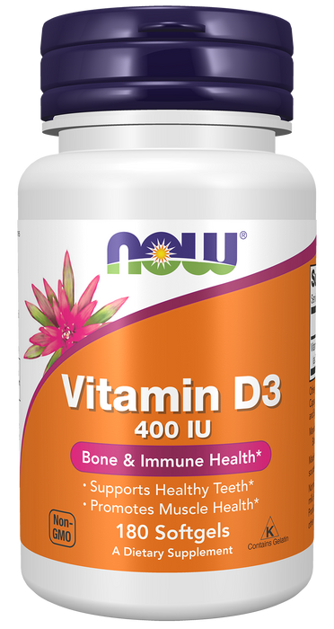 NOW Foods Vitamin D-3 400 IU, 180 softgels, front of bottle