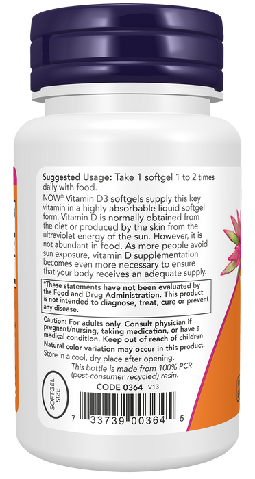 NOW Foods Vitamin D-3 400 IU, 180 softgels, left side ingredient label