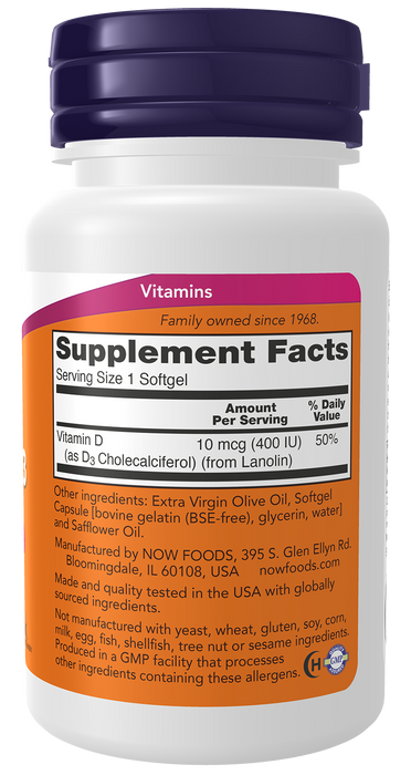 NOW Foods Vitamin D-3 400 IU, 180 softgels, right side supplement facts label