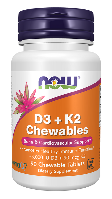 NOW Foods D-3 + K-2 (MK-7), 90 chewable tablets, front of bottle