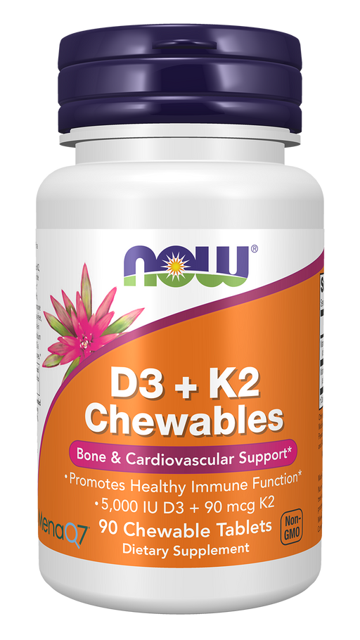 NOW Foods D-3 + K-2 (MK-7), 90 chewable tablets, front of bottle