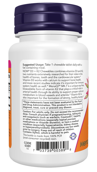 NOW Foods D-3 + K-2 (MK-7), 90 chewable tablets, left side of bottle label