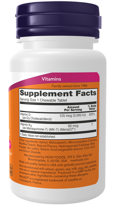 NOW Foods D-3 + K-2 (MK-7), 90 chewable tablets, right side of bottle label