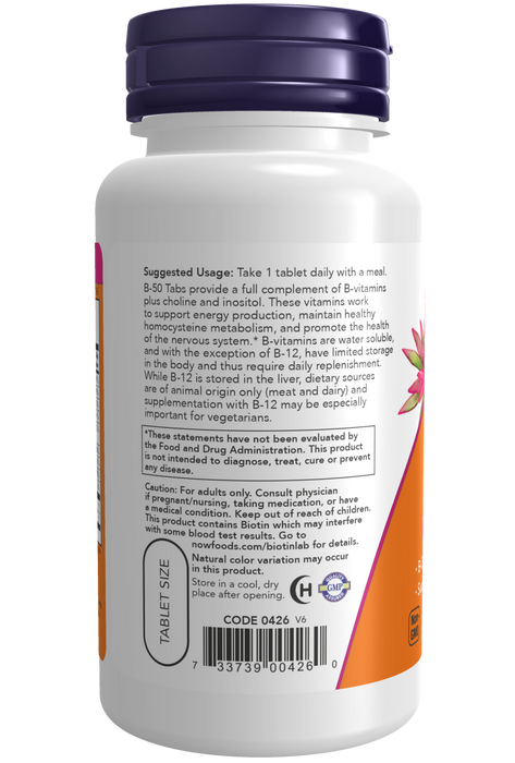 NOW Foods Vitamin B-50, 100 Tablets, left side panel
