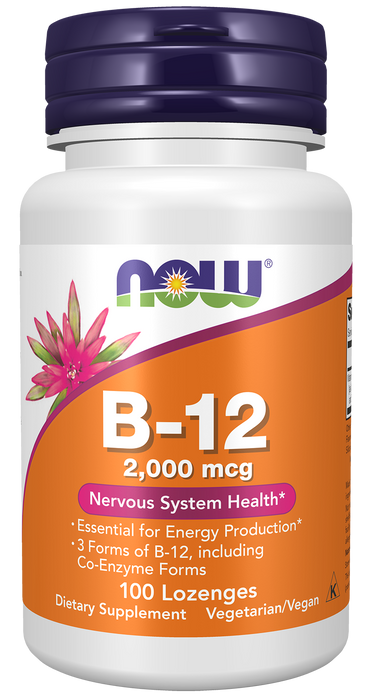NOW Foods Vitamin B-12 2000 mcg, 100 Lozenges, front of bottle
