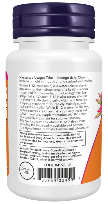 NOW Foods Vitamin B-12 2000 mcg, 100 Lozenges, left side panel