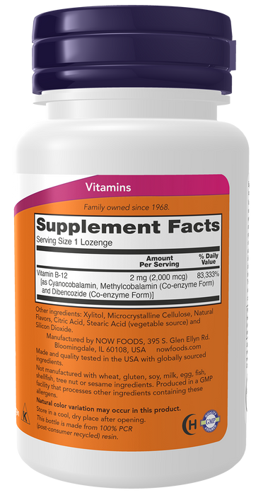NOW Foods Vitamin B-12 2000 mcg, 100 Lozenges, right side panel
