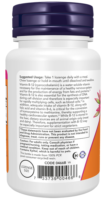 NOW Foods Vitamin B-12 1000 mcg, 100 Lozenges, left side panel