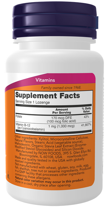 NOW Foods Vitamin B-12 1000 mcg, 100 Lozenges, right side panel