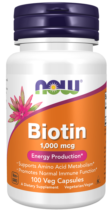 NOW Foods Biotin 1000 mcg, 100 Veg Capsules, front of bottle