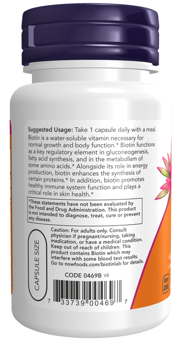 NOW Foods Biotin 1000 mcg, 100 Veg Capsules, supplement facts label, left side
