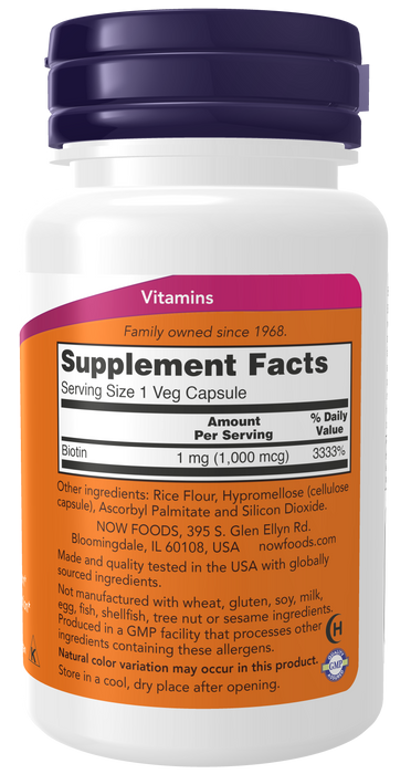 NOW Foods Biotin 1000 mcg, 100 Veg Capsules, supplement facts label, right side