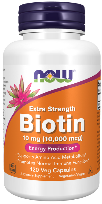 NOW Foods Biotin 10 mg (10,000 mcg) Extra Strength, 120 Veg Capsules, front of bottle