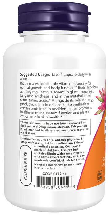 NOW Foods Biotin 10 mg (10,000 mcg) Extra Strength, 120 Veg Capsules, supplement facts label, left side