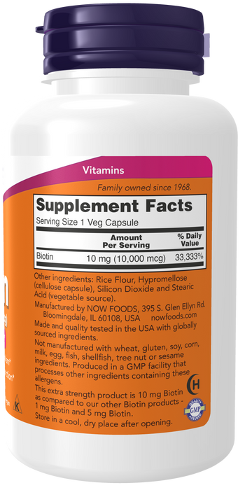 NOW Foods Biotin 10 mg (10,000 mcg) Extra Strength, 120 Veg Capsules, supplement facts label, right side