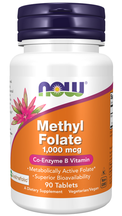 NOW Foods Methyl Folate 1,000 mcg Tablets, 90 count, front of bottle