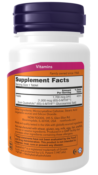 NOW Foods Methyl Folate 1,000 mcg Tablets, right side label