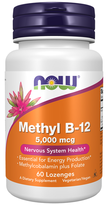NOW Foods Methyl B-12 5,000 mcg Lozenges, 60 count, front of bottle