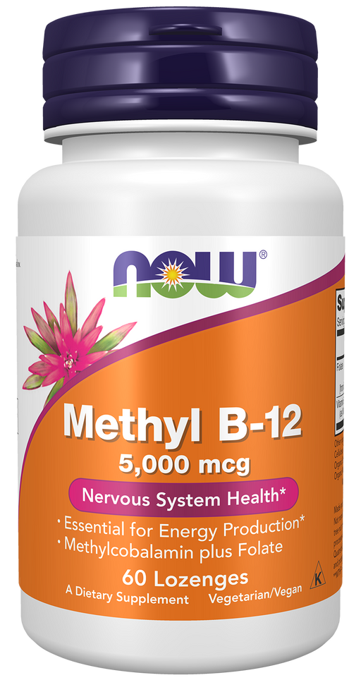 NOW Foods Methyl B-12 5,000 mcg Lozenges, 60 count, front of bottle