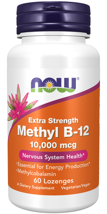 NOW Foods Methyl B-12 Extra Strength 10,000 mcg Lozenges, 60 count, front of bottle