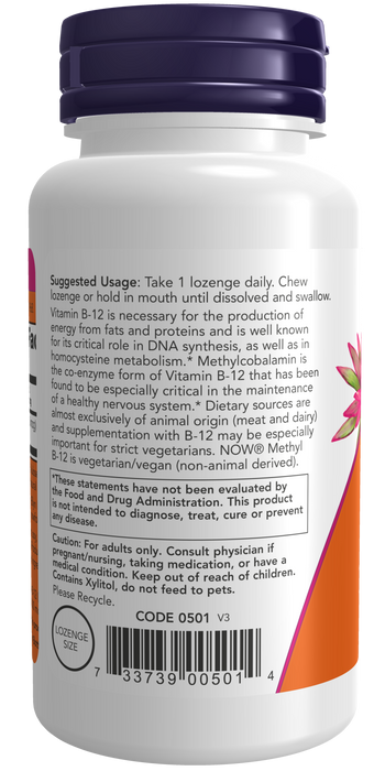 NOW Foods Methyl B-12 Extra Strength 10,000 mcg Lozenges, left side label