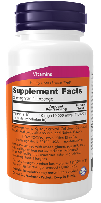 NOW Foods Methyl B-12 Extra Strength 10,000 mcg Lozenges, right side label