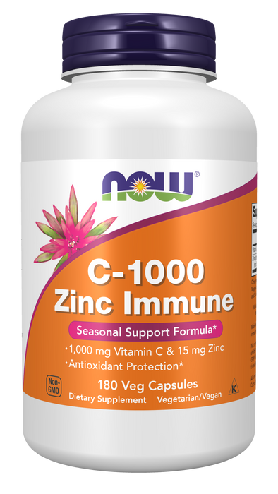 NOW Foods C-1000 Zinc Immune, 180 Veg Capsules, front of bottle