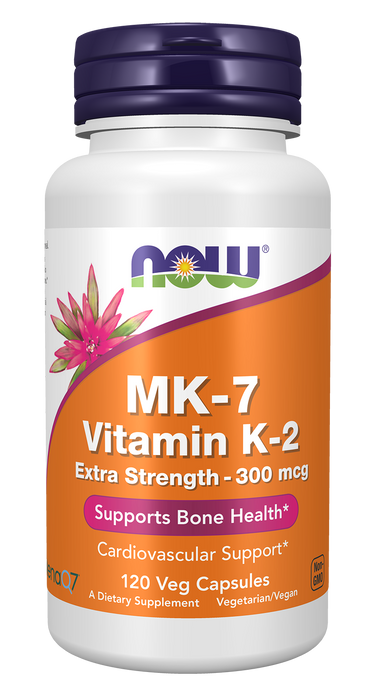 NOW Foods MK-7 Vitamin K-2 Extra Strength 300 mcg, 120 veg capsules, front of bottle