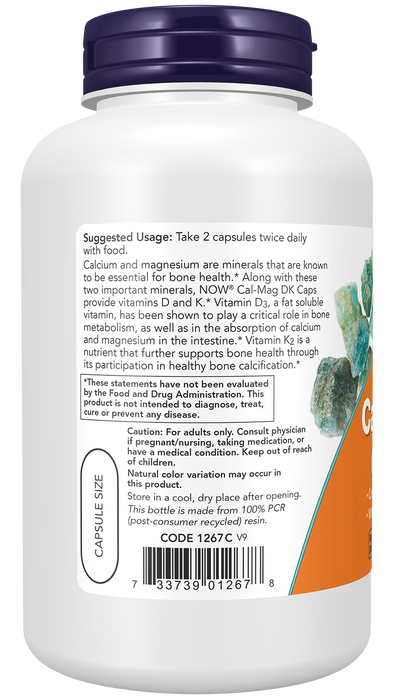 NOW Foods Cal-Mag DK, 180 Capsules, left side of bottle