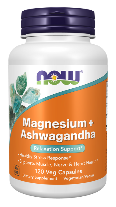 NOW Foods Magnesium + Ashwagandha, 120 veg capsules, front of bottle