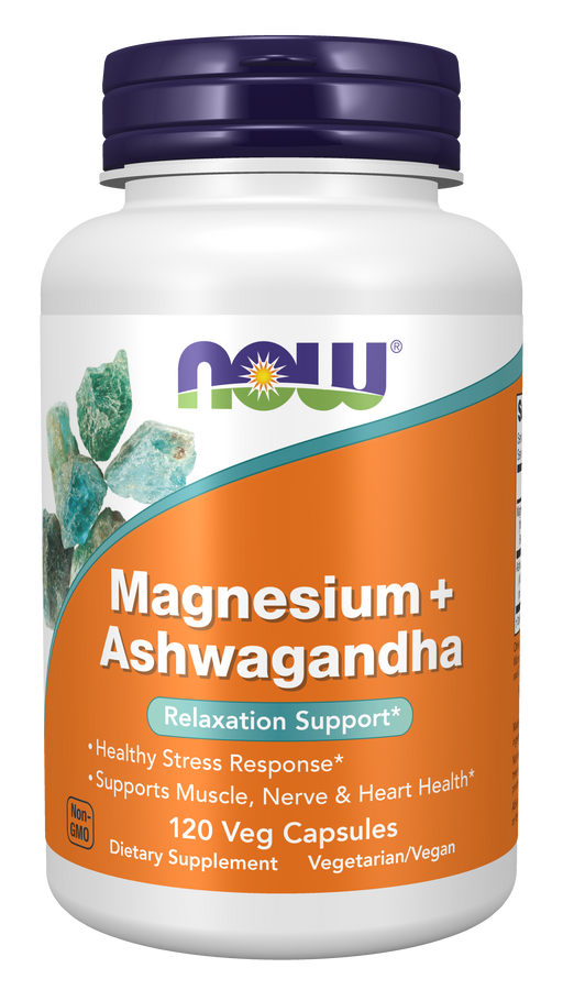 NOW Foods Magnesium + Ashwagandha, 120 veg capsules, front of bottle