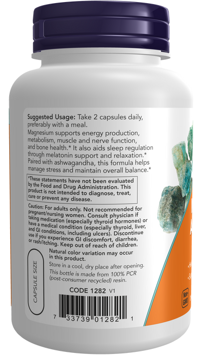 NOW Foods Magnesium + Ashwagandha, 120 veg capsules, left angle of bottle