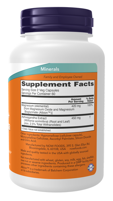 NOW Foods Magnesium + Ashwagandha, 120 veg capsules, right angle of bottle