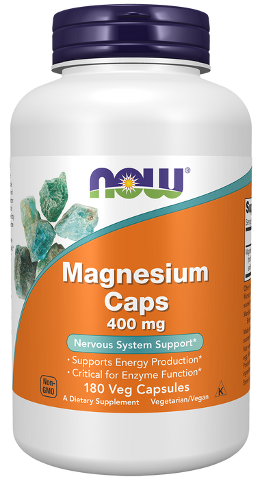 NOW Foods Magnesium 400 mg, 180 veg capsules, front of bottle