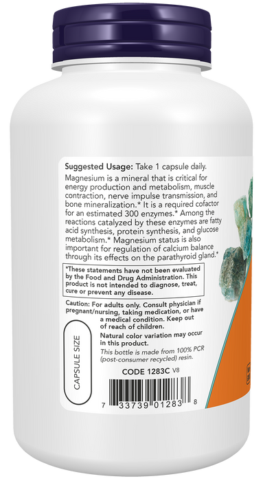 NOW Foods Magnesium 400 mg, 180 veg capsules, left angle of bottle