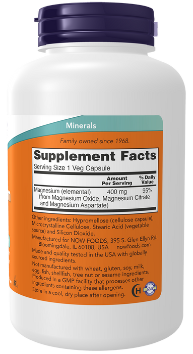 NOW Foods Magnesium 400 mg, 180 veg capsules, right angle of bottle