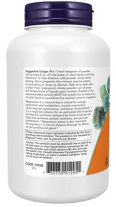 NOW Foods Magnesium Citrate Pure Powder, 8 oz, left angle of container