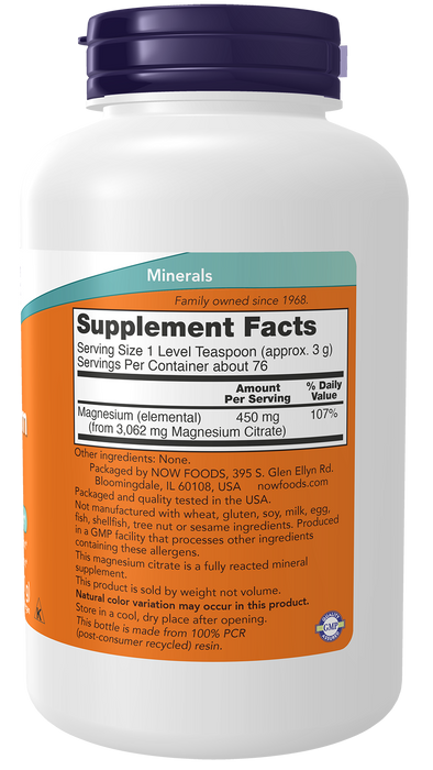 NOW Foods Magnesium Citrate Pure Powder, 8 oz, right angle of container