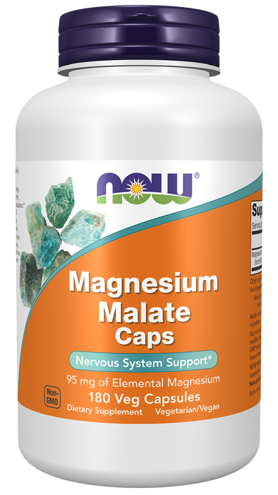 NOW Foods Magnesium Malate Caps, 180 veg capsules, front of bottle