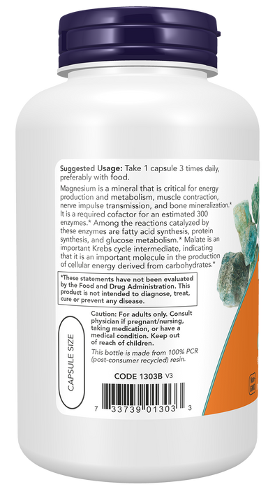 NOW Foods Magnesium Malate Caps, 180 veg capsules, left angle of bottle