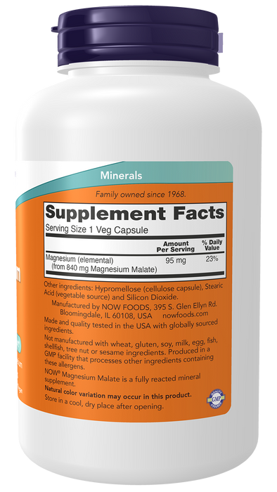 NOW Foods Magnesium Malate Caps, 180 veg capsules, right angle of bottle
