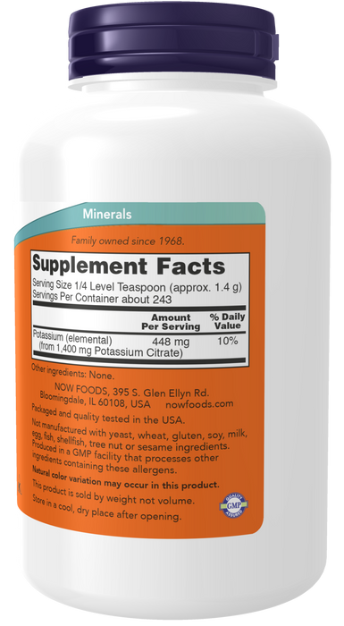 NOW Foods Potassium Citrate Powder, 12 oz, supplement facts label