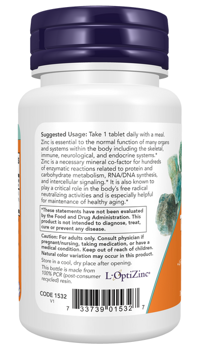 NOW Foods Zinc Transporters, 90 Tablets, left side of bottle
