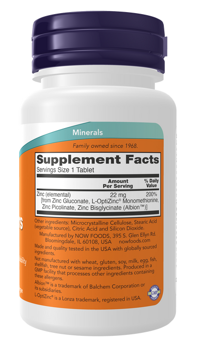 NOW Foods Zinc Transporters, 90 Tablets, right side of bottle showing supplement facts