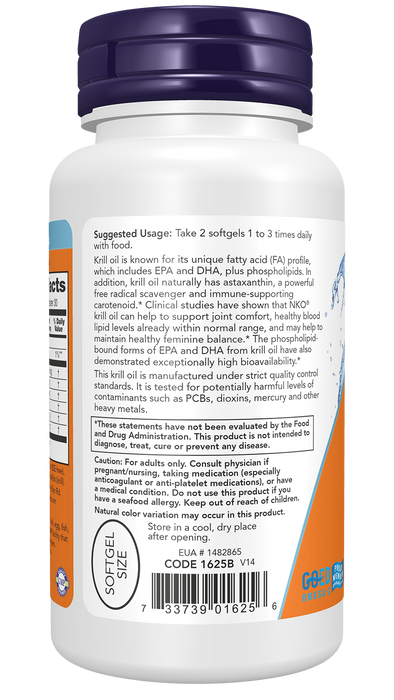NOW Foods Krill Oil, 60 Softgels, left side of bottle