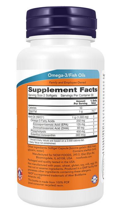 NOW Foods Krill Oil, 60 Softgels, right side of bottle