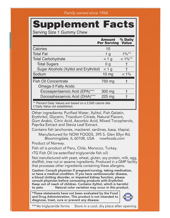 NOW Foods Omega-3 Fish Oil Gummy Chews, 36 count, back of pack with supplement facts